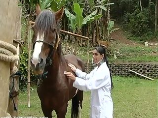 Horse fuck woman mouth and treated her own  cum